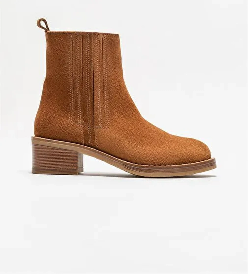Taba Deri Kadın Topuklu Bot - Görsel 1