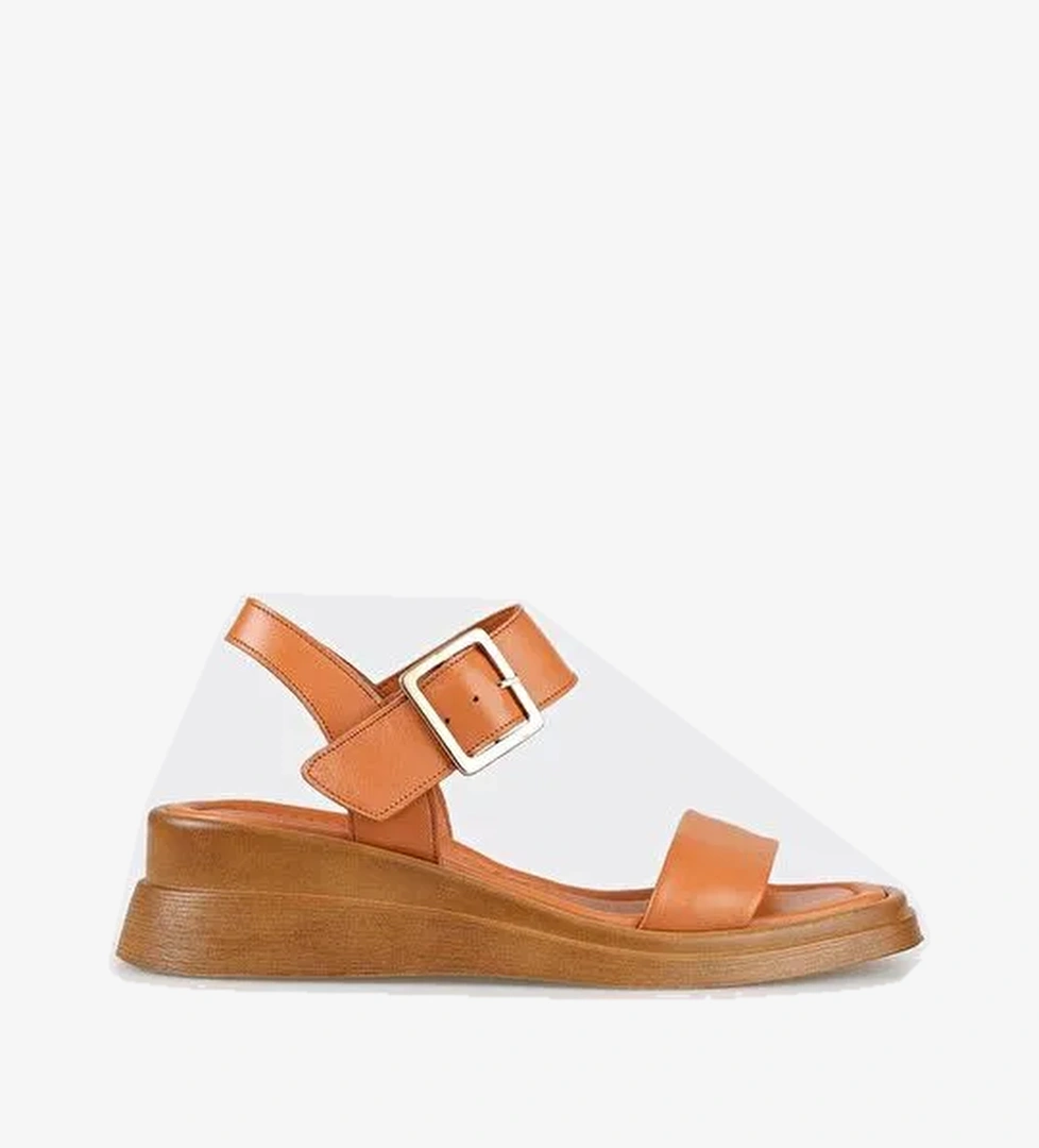 Taba Deri Kadın Dolgu Topuk Sandalet - Görsel 1