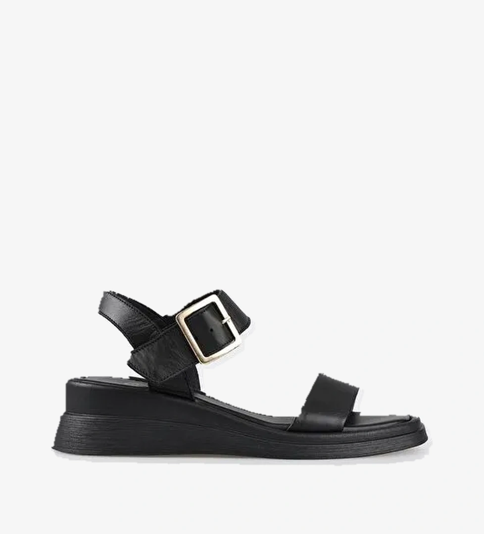 Siyah Deri Kadın Dolgu Topuk Sandalet - Görsel 1