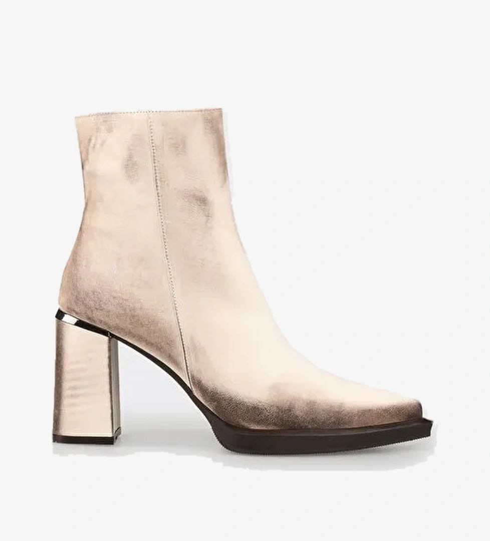 Ekru Deri Kadın Topuklu Bot - Görsel 1