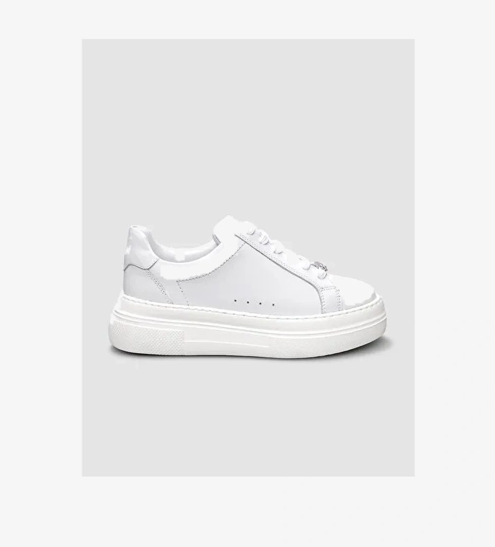 %100 Hakiki Deri Beyaz Bağcıklı Kadın Sneaker - Görsel 1