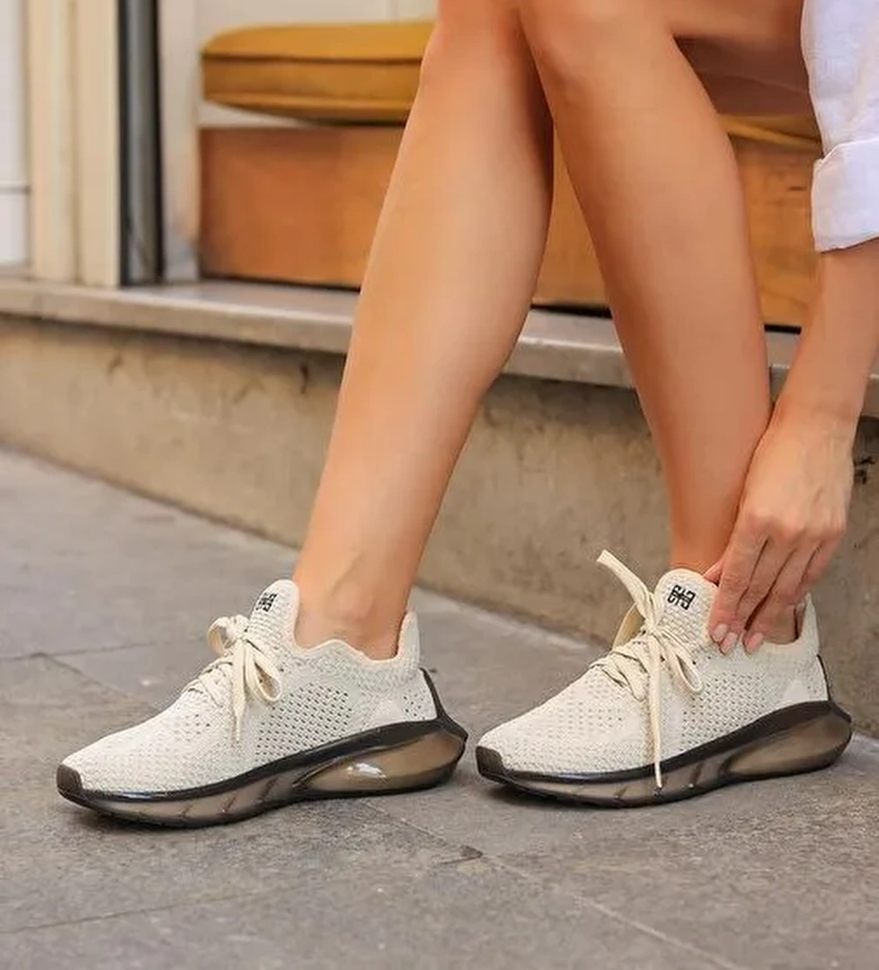 Triko Bej Bağcıklı Kadın Spor Ayakkabı - Görsel 1