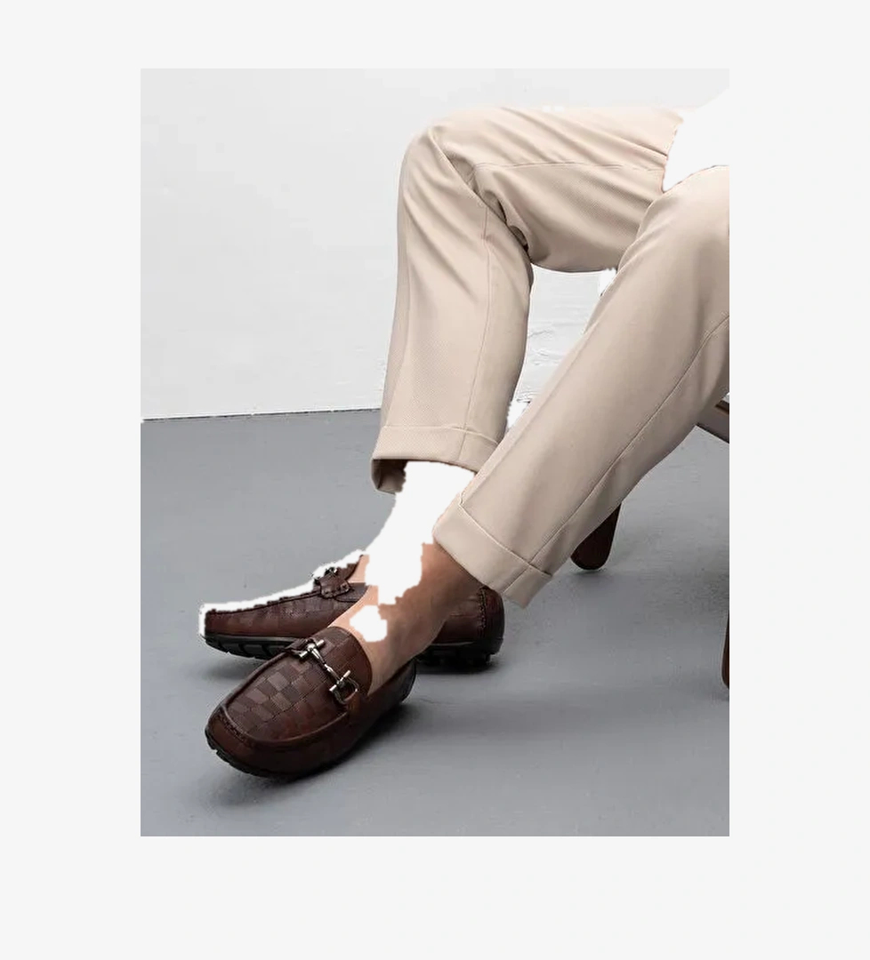 Hakiki Deri Kahverengi Ekose Detaylı Erkek Loafer Ayakkabı - Görsel 1