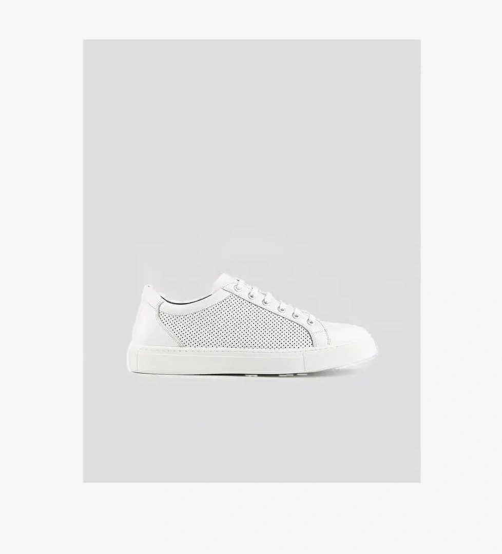 Meşin Astar Hakiki Deri Beyaz Bağcıklı Erkek Spor Ayakkabı - Görsel 1