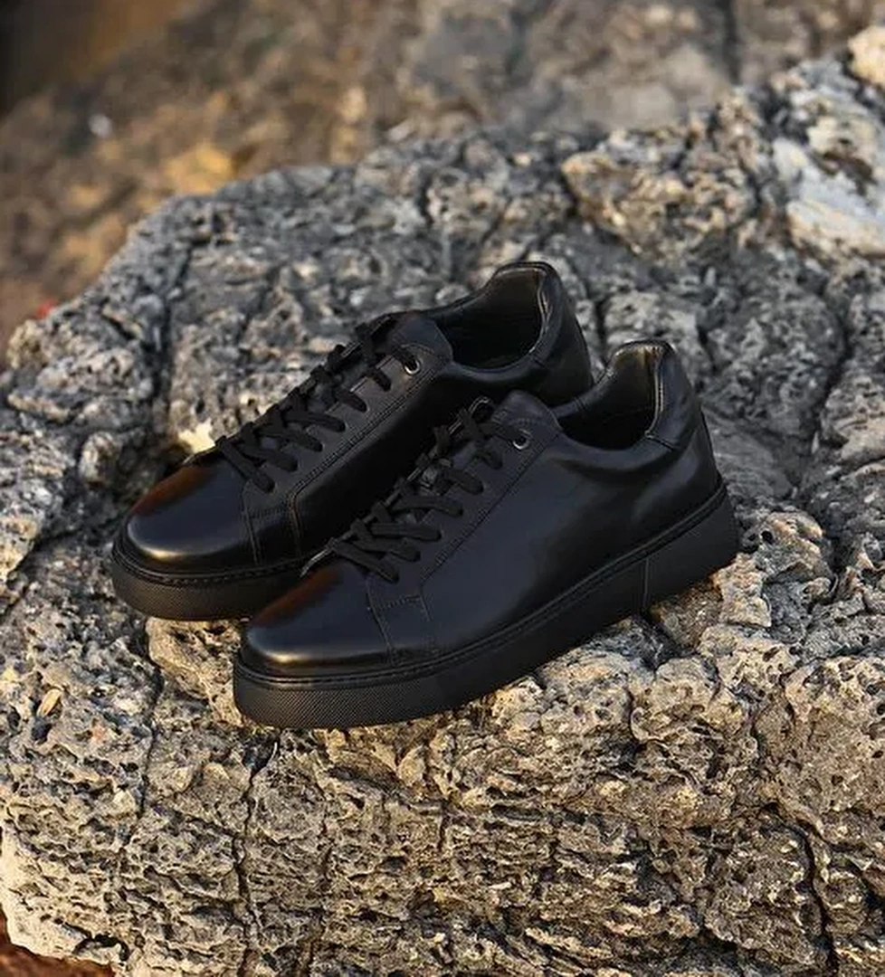 Hakiki Deri Siyah Bağcıklı Eva Tabanlı Sneaker Erkek Spor Ayakkabı - Görsel 1