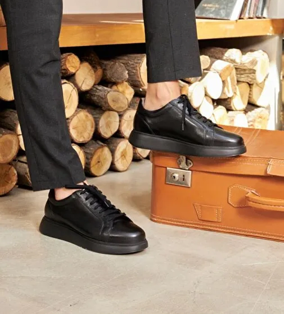 Hakiki Deri Erkek Spor Siyah Bağcıklı Ayakkabı - Görsel 1