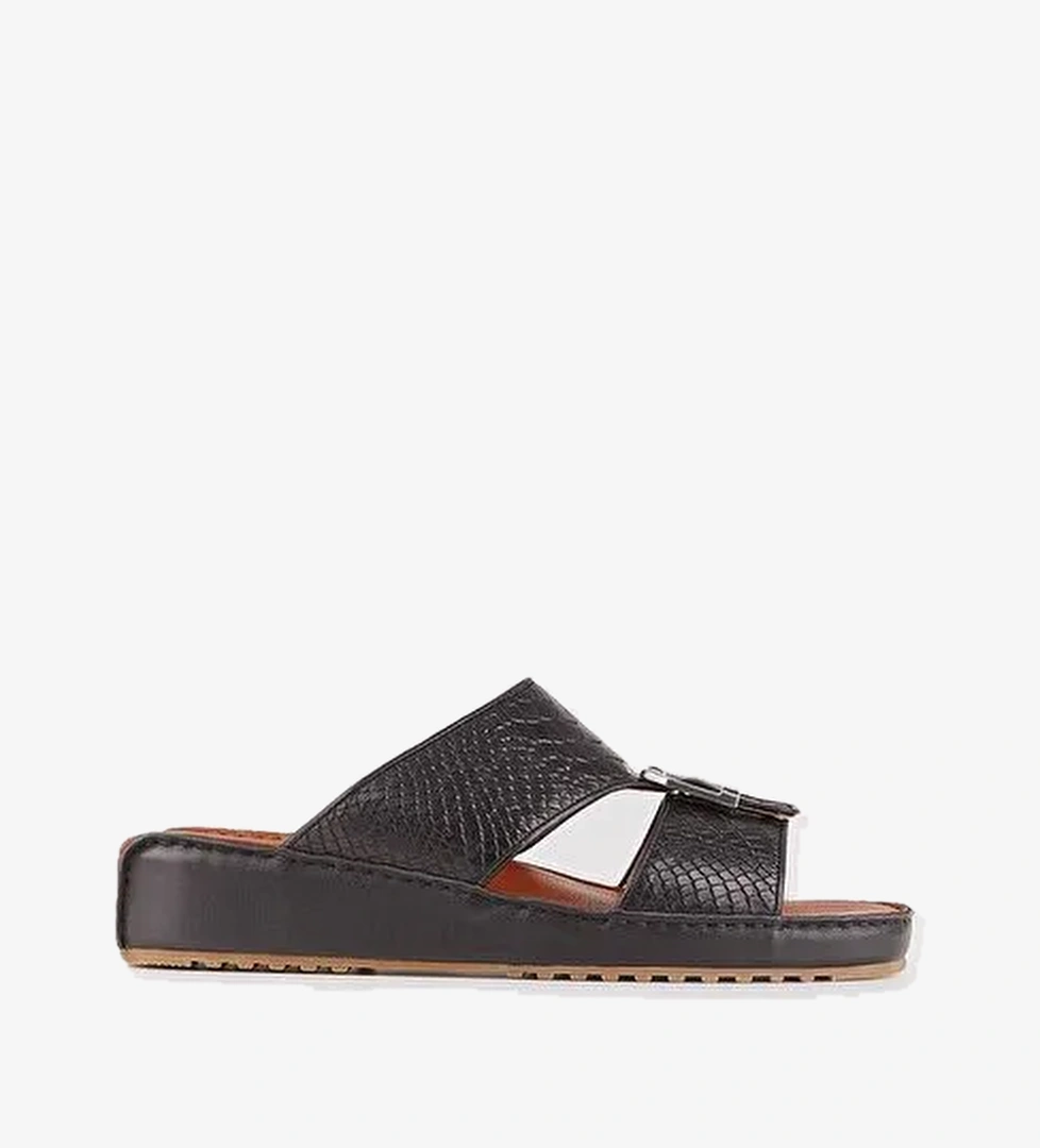 Hakiki Deri Çift Bantlı Siyah Erkek Terlik - Görsel 1