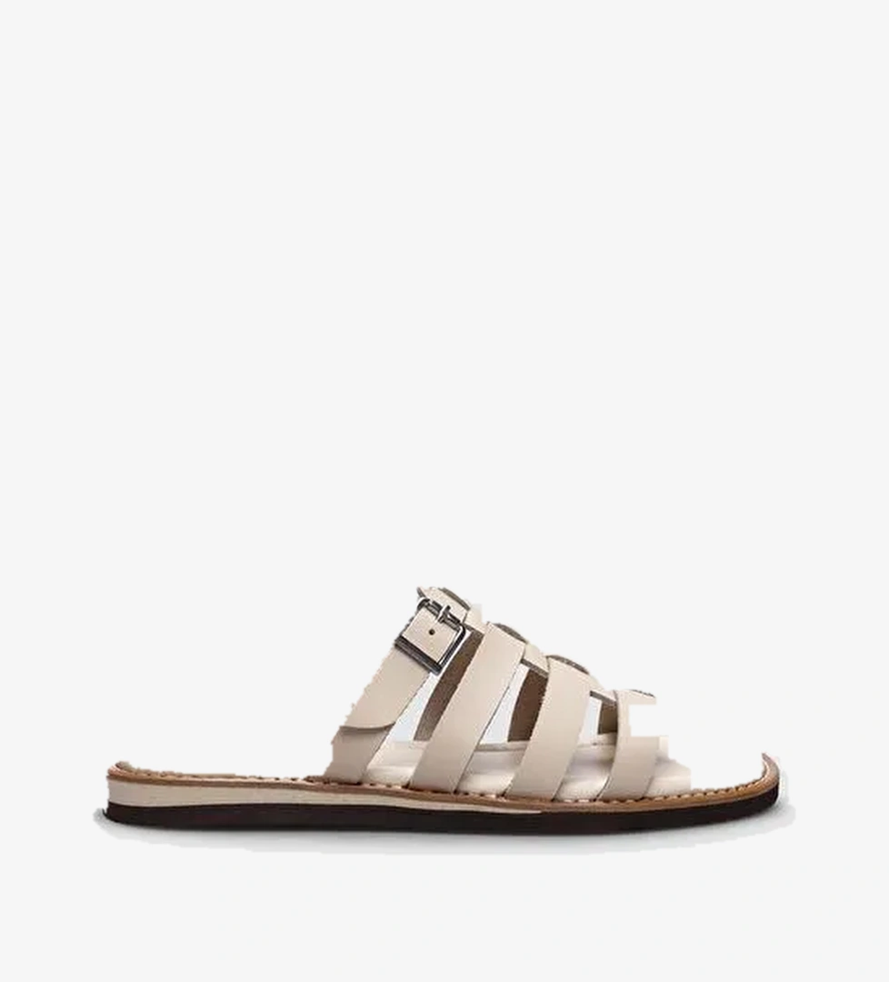 %100 Hakiki Deri Bej Yandan Tokalı Kadın Düz Terlik - Görsel 1