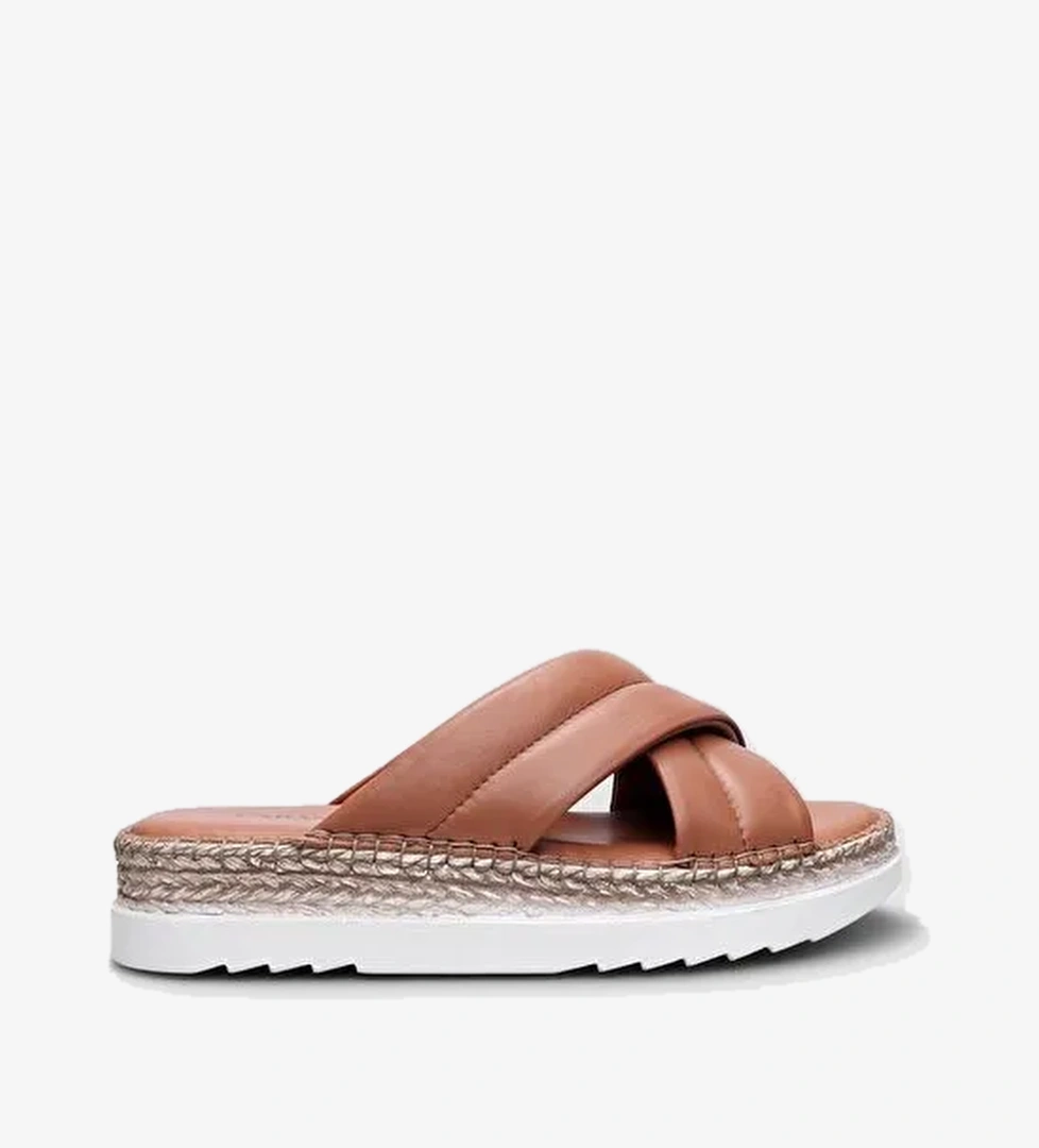 %100 Hakiki Deri Taba Çapraz Bantlı Kadın Terlik - Görsel 1