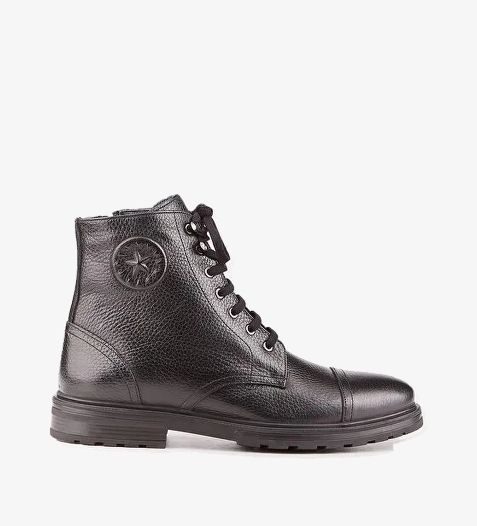 Erkek Hakiki Deri Siyah Bağcıklı Fermuarlı Günlük Bot - Görsel 1