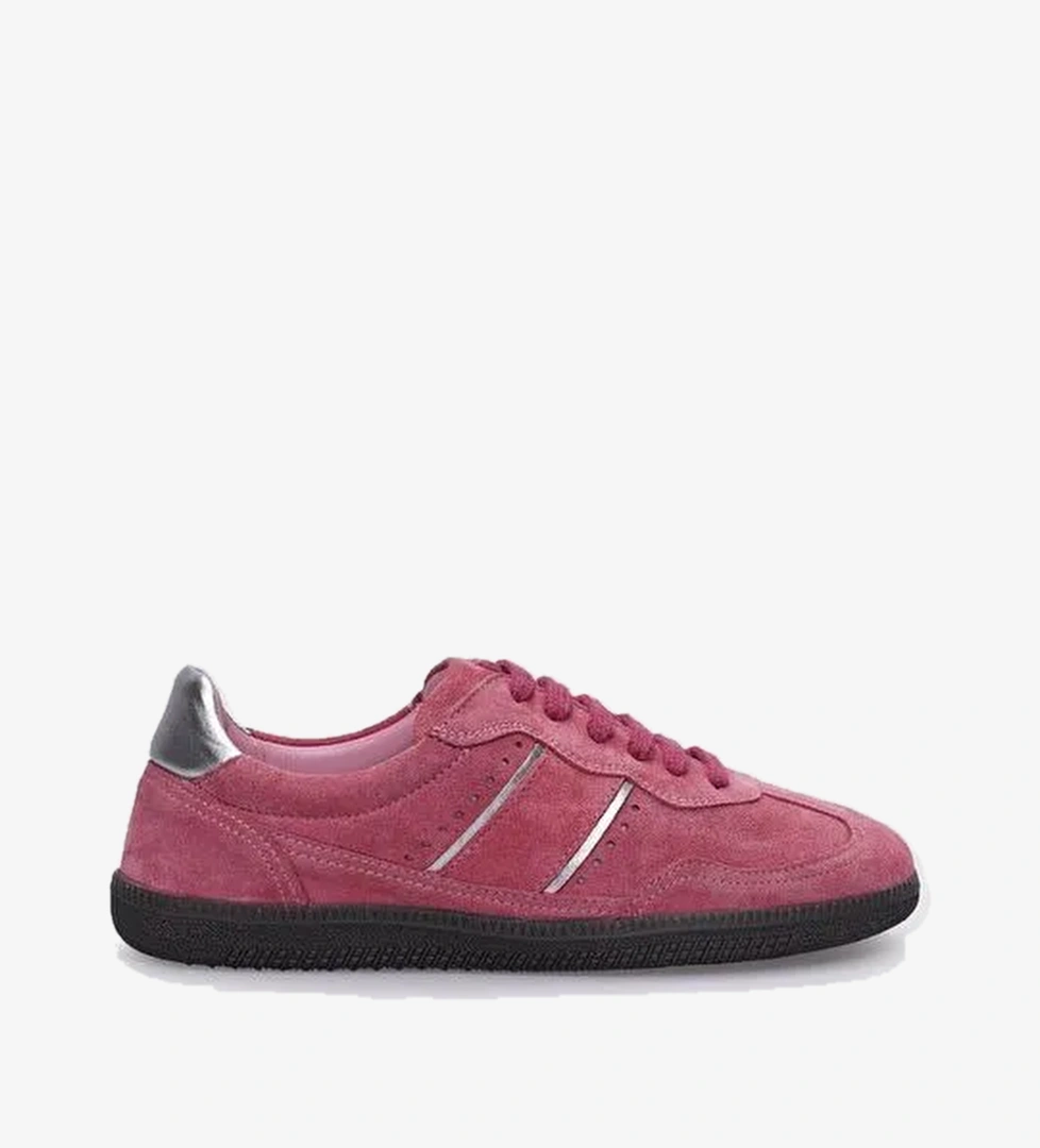 %100 Hakiki Deri Pembe Süet Bağcıklı Kadın Sneaker - Görsel 1