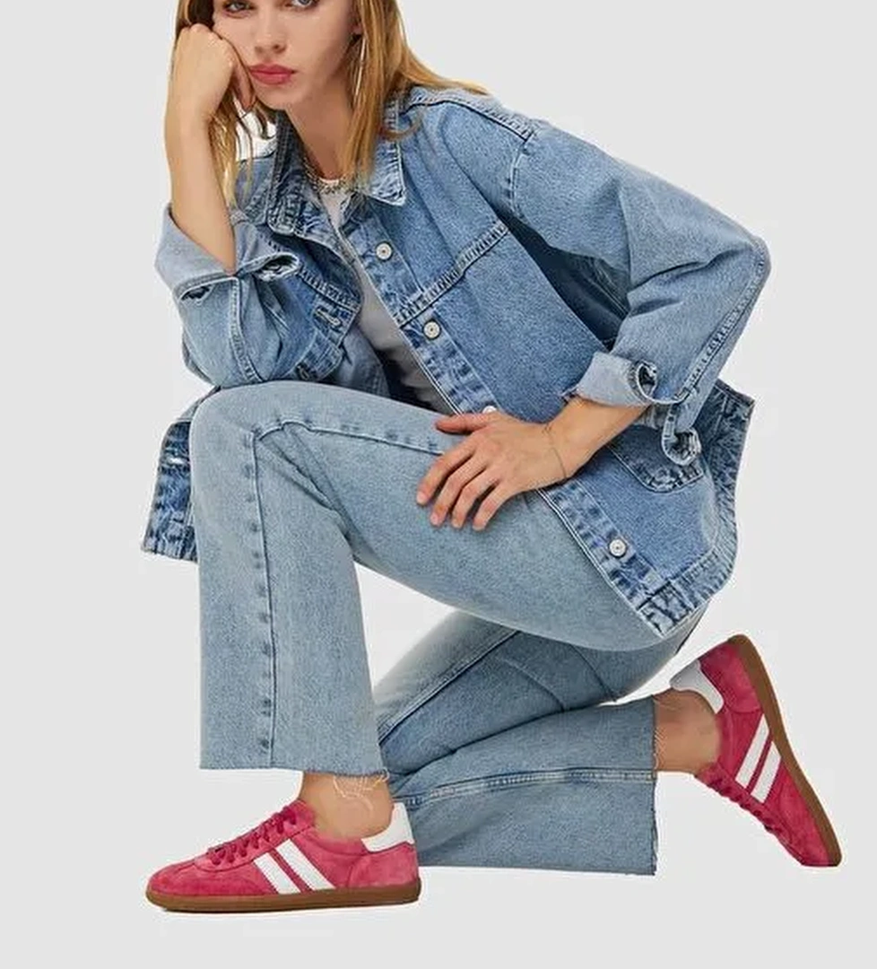 %100 Hakiki Deri Pembe Bağcıklı Kadın Sneaker - Görsel 1