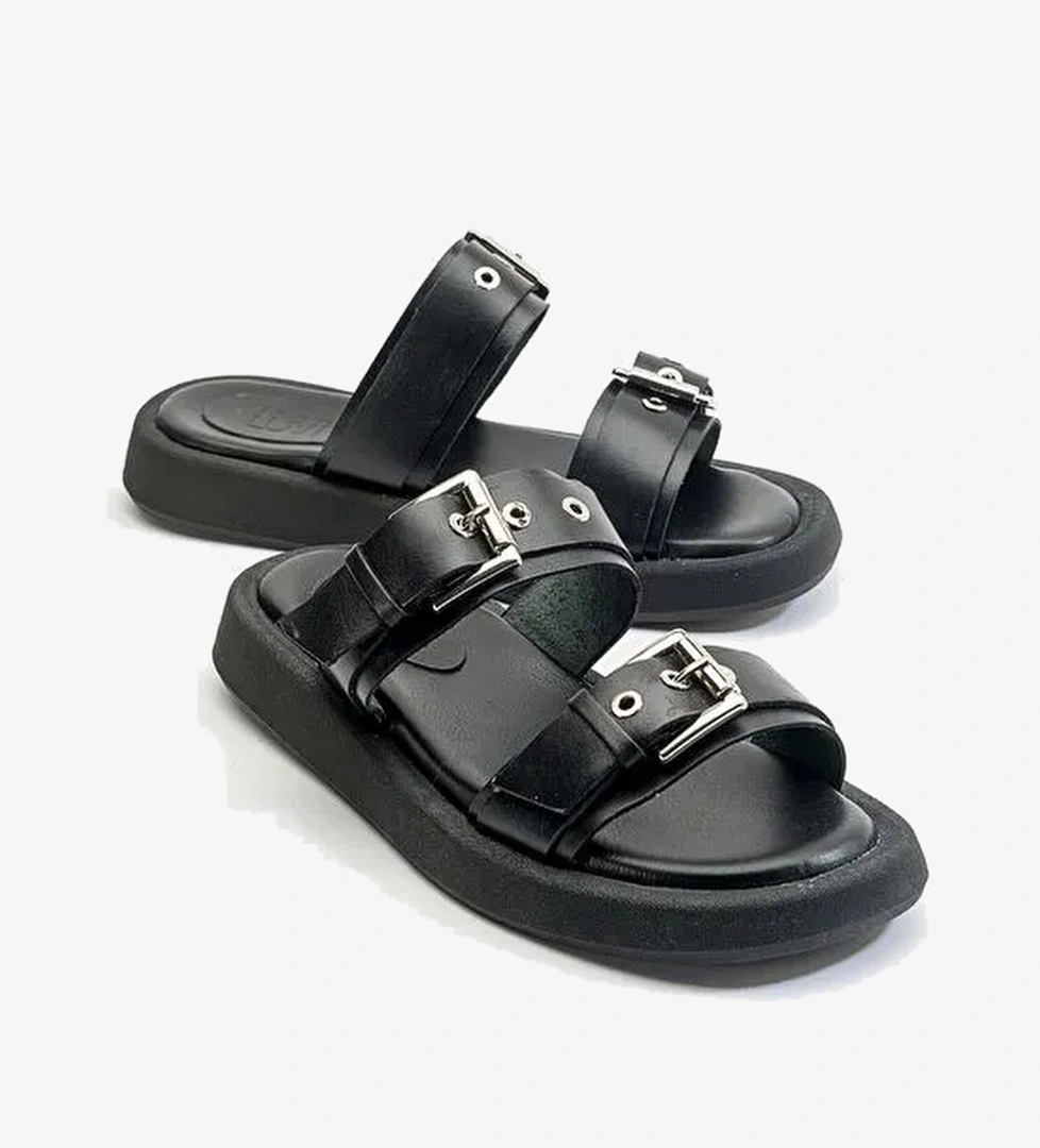 FİNEZZA Siyah Hakiki Deri Kadın Çift Bantlı Düz Terlik - Görsel 1