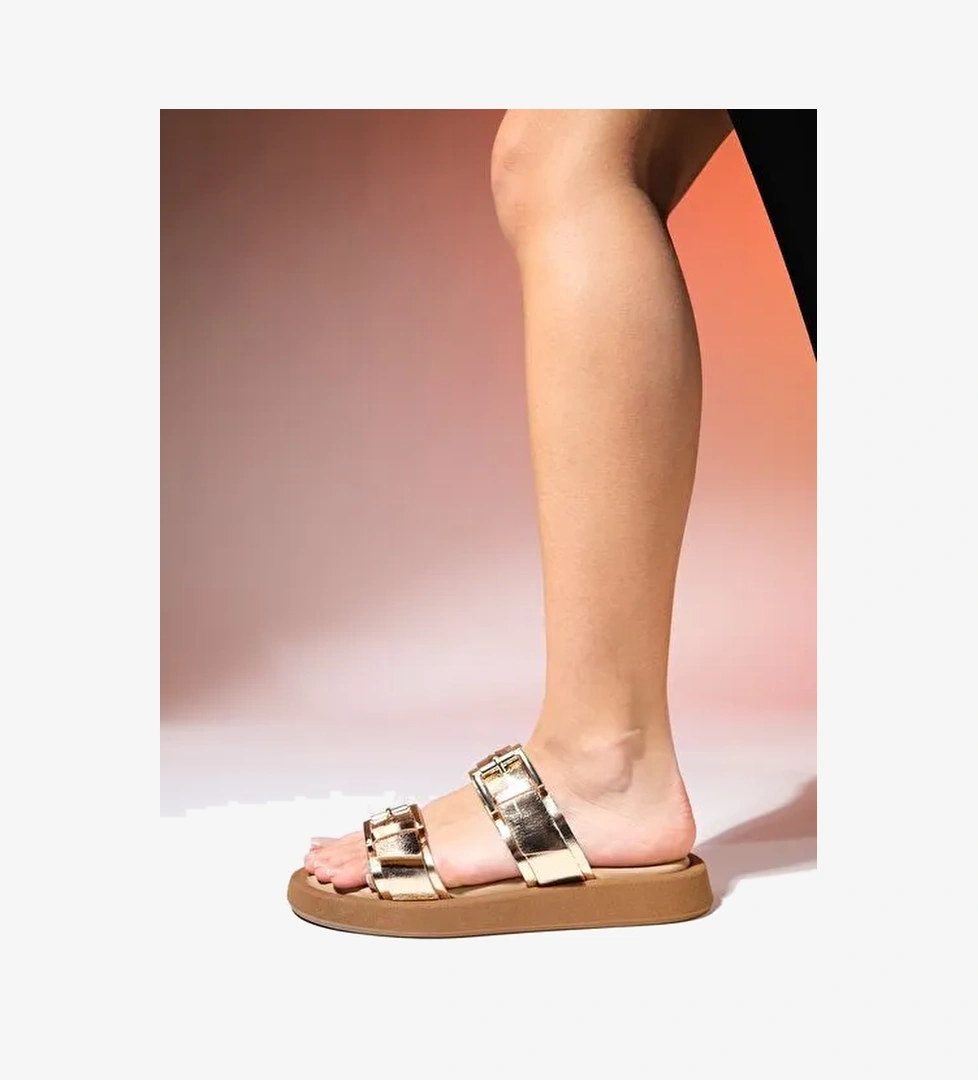 FİNEZZA Rose Kristal Hakiki Deri Kadın Çift Bantlı Düz Terlik - Görsel 1