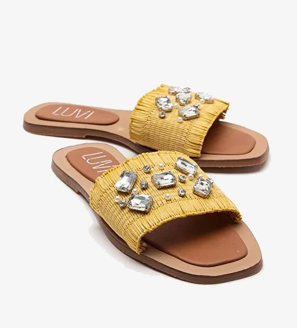 NORVE Sarı Hasır Taşlı Kadın Terlik - Görsel 1