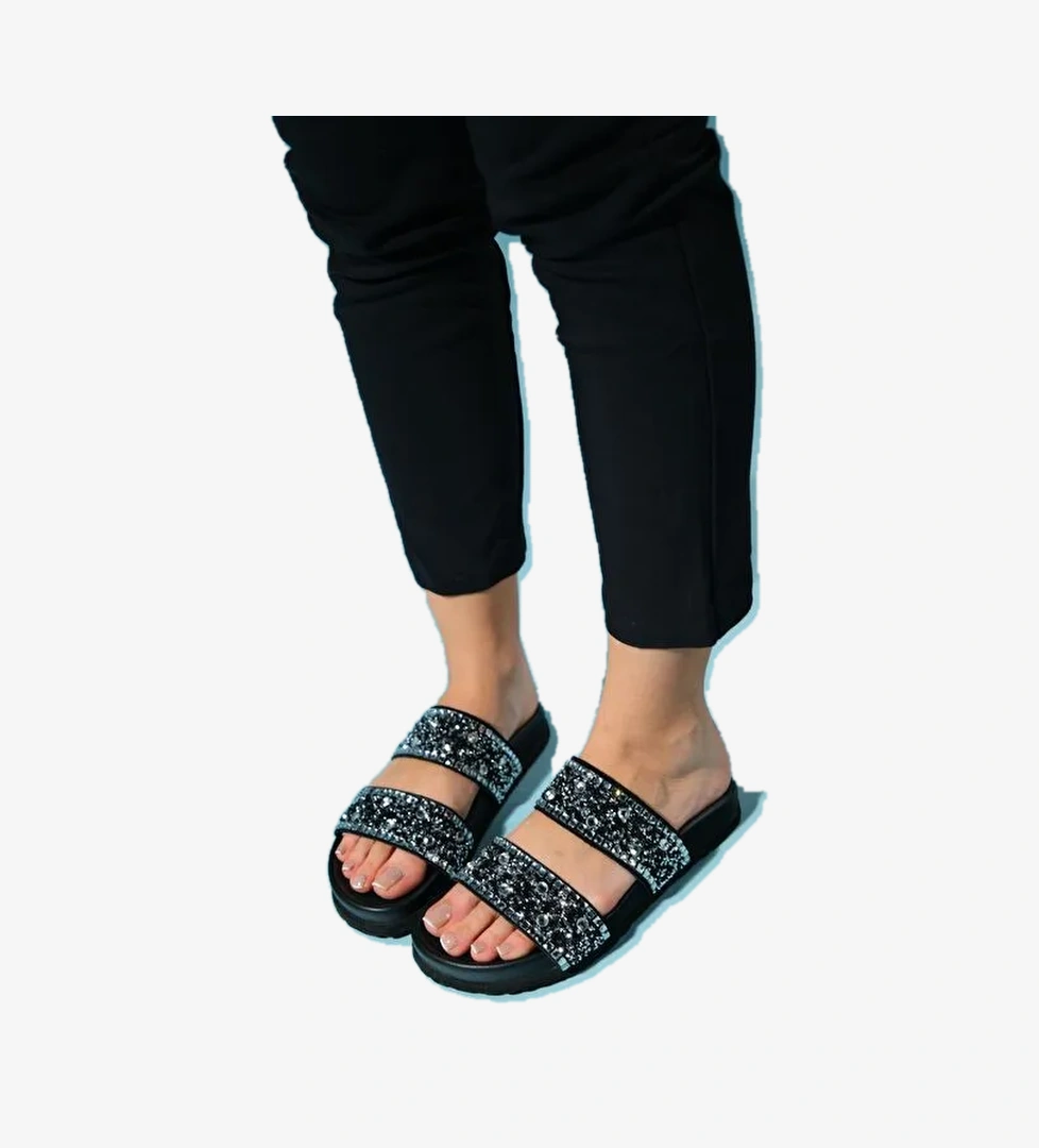 JAMES Siyah Taşlı Çift Bantlı Hakiki Deri Kadın Terlik - Görsel 1