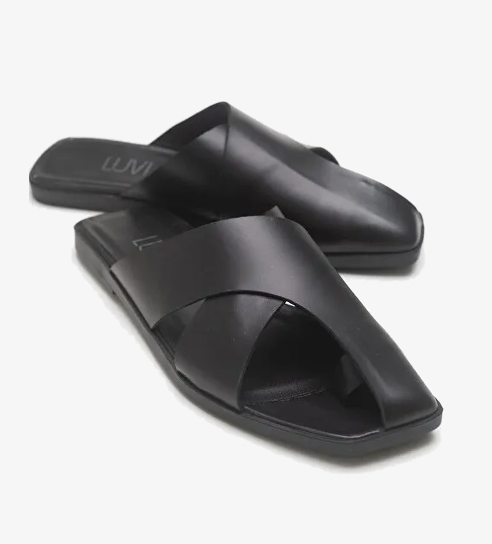 LAND Siyah Cilt Hakiki Deri Kadın Terlik - Görsel 1