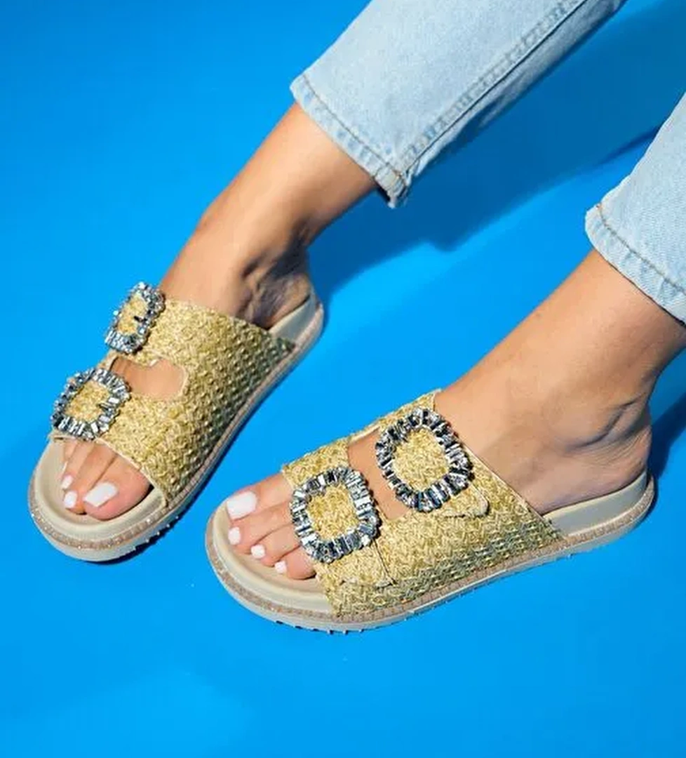 DUNGEON Bej Hasır Çift Bantlı Taş Tokalı Kadın Terlik - Görsel 1