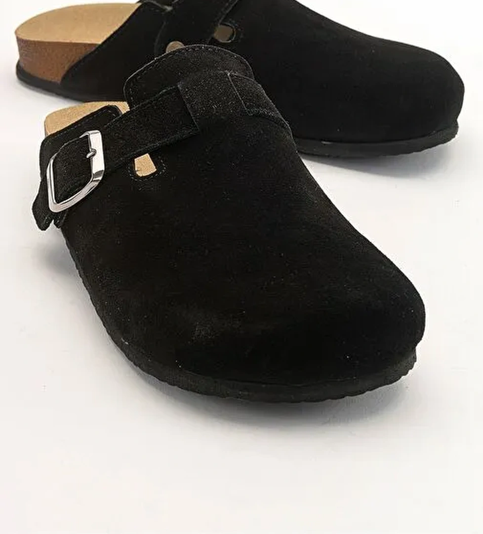 GONS Siyah Süet Deri Kadın Terlik - Görsel 1