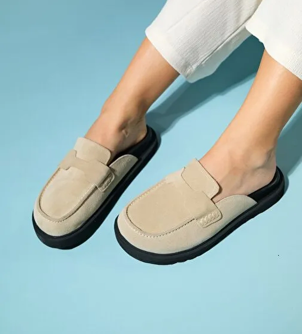 LAVEN Bej Süet Hakiki Deri Kadın Terlik - Görsel 1