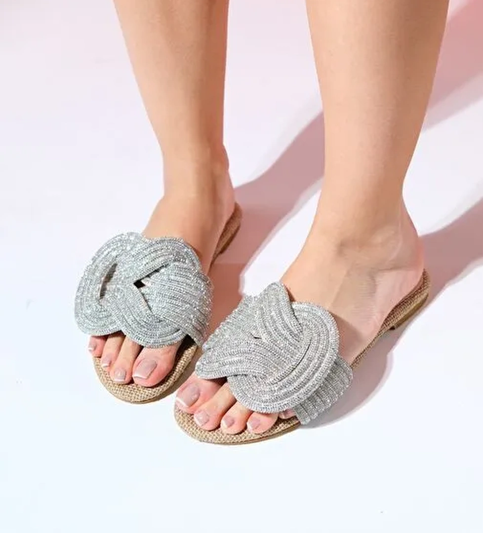 OBRE Bej Hasır Taşlı Kadın Terlik - Görsel 1