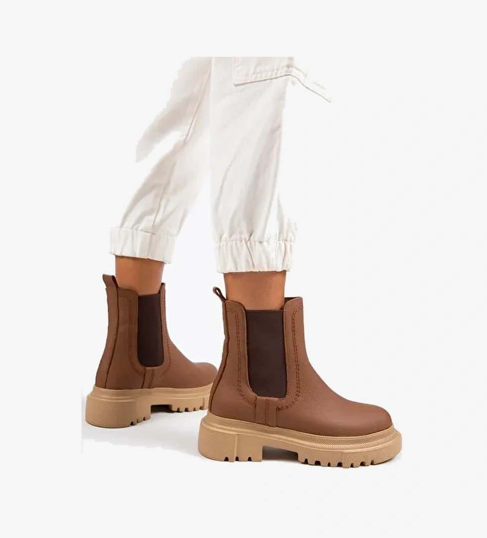 Manijero Emma Kadın Hakiki Deri Çift Taraf Lastikli Taba Bot - Görsel 1