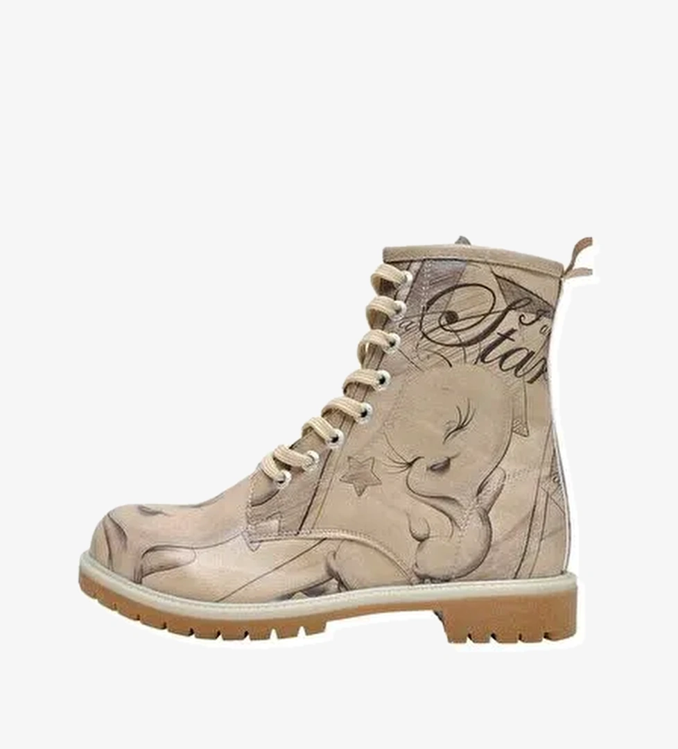 Kadın Vegan Deri Bej Uzun Bot - Warner Bros Tweety Sketch Tasarım - Görsel 1