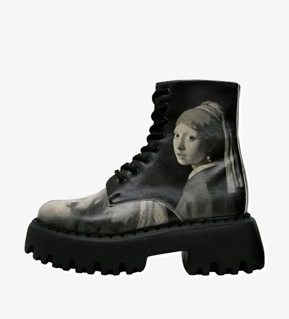 Kadın Vegan Deri Siyah Uzun Bot - Girl With a Pearl Earring Tasarım - Görsel 1