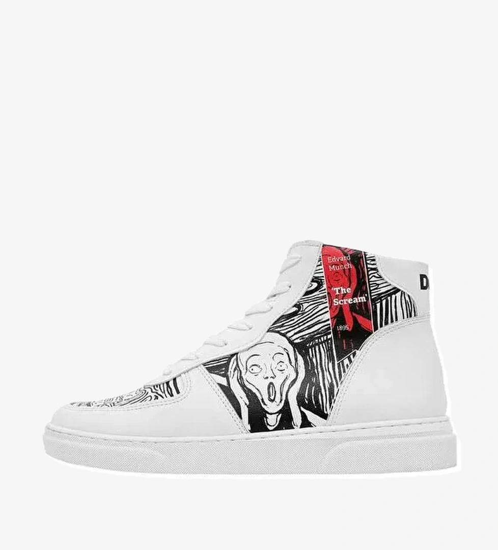 Kadın Vegan Deri Beyaz High Sneakers - Edvard Munch The Scream Muse Tasarım - Görsel 1