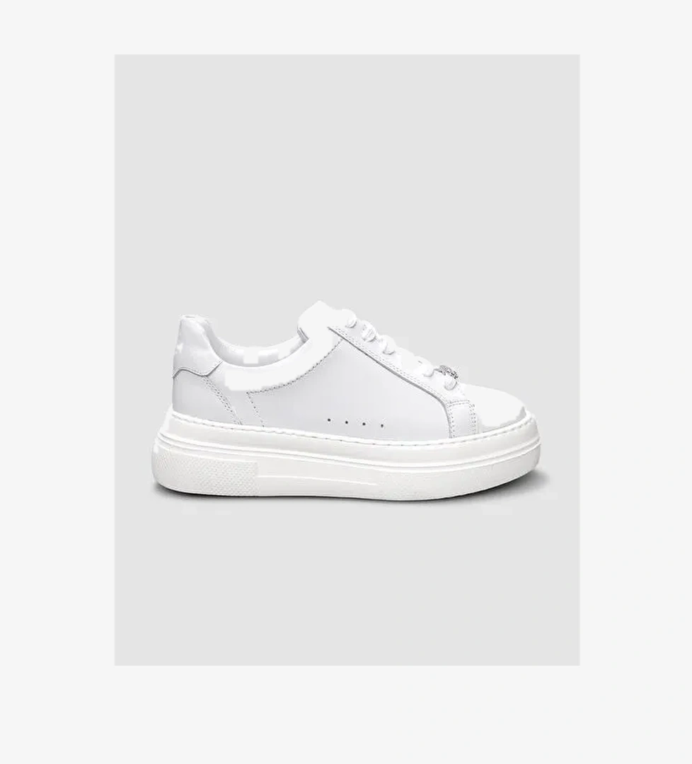 %100 Hakiki Deri Beyaz Bağcıklı Kadın Sneaker - Görsel 1