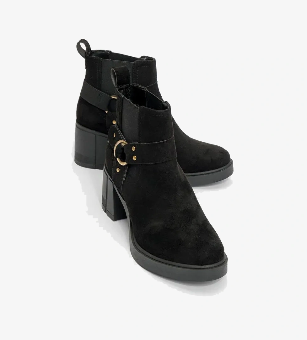 FELİN Siyah Süet Lastikli Tokalı Kadın Kalın Topuklu Bot - Görsel 1
