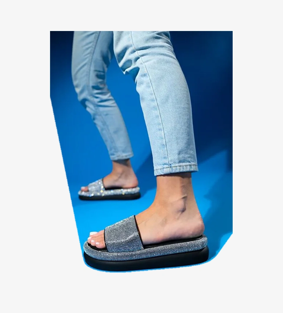 Luvi Shoes Siyah-Gümüş Kadın Taşlı Terlik 137-574 - Görsel 1