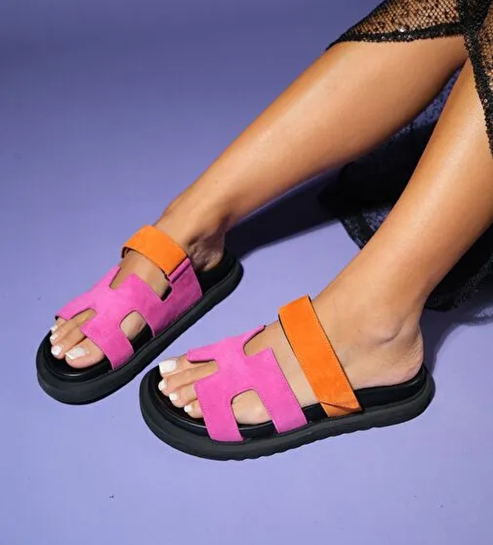 Luvi Shoes Fuşya-Turuncu Kadın Süet Terlik 222-24046 - Görsel 1