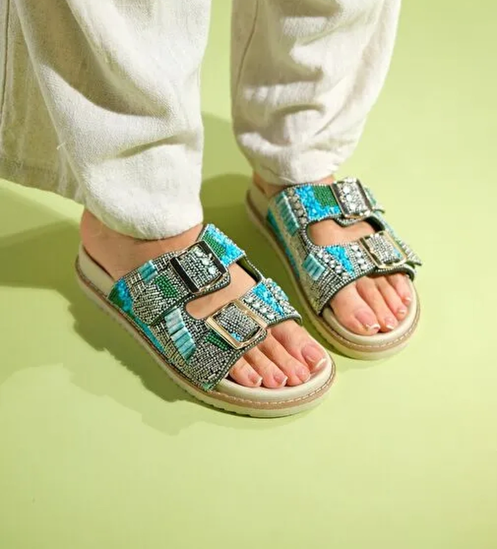Luvi Shoes Bej-Turkuaz Kadın Terlik 74-100 - Görsel 1