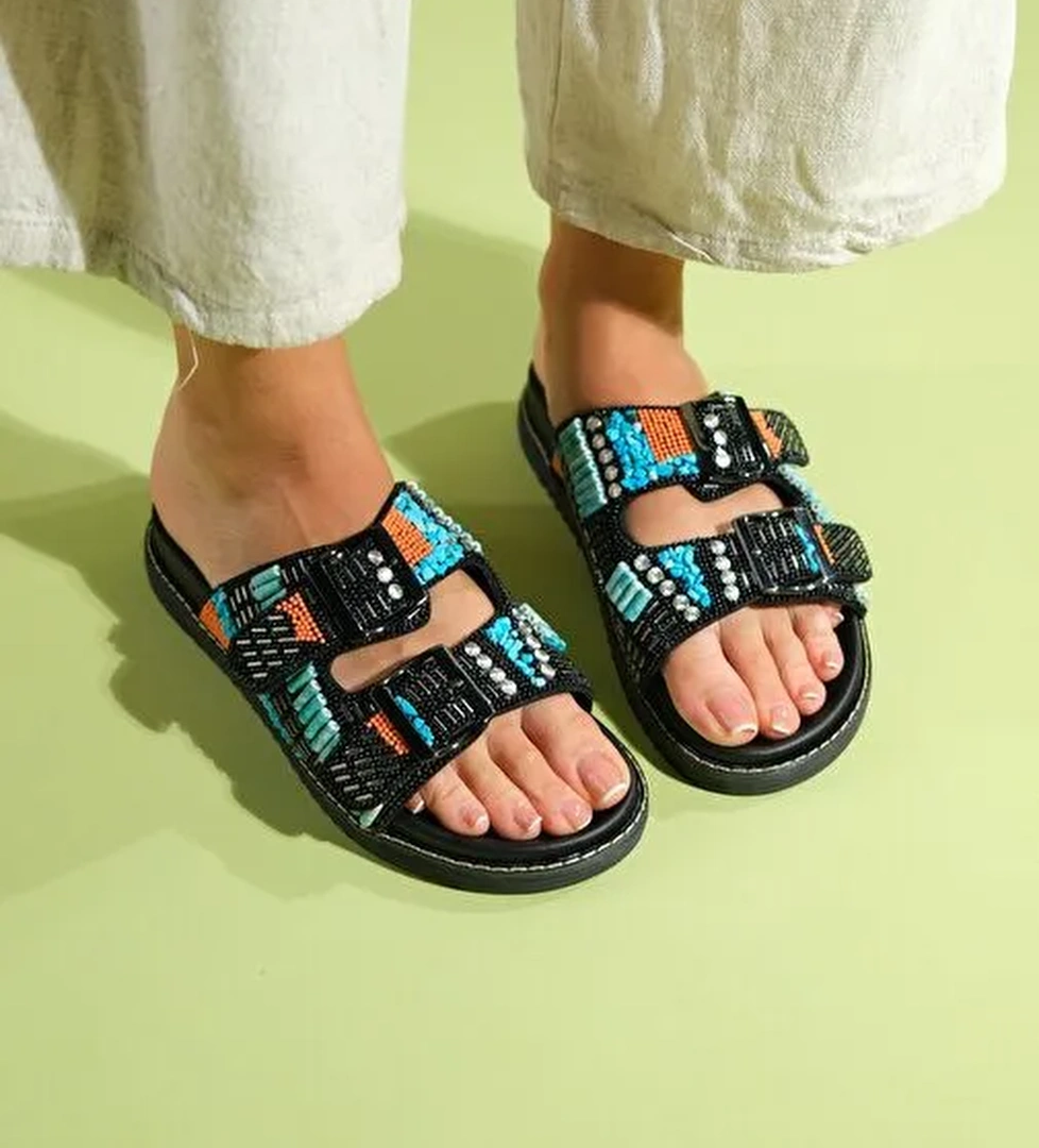 LANSO Siyah Taşlı Çift Bantlı Kadın Terlik - Görsel 1