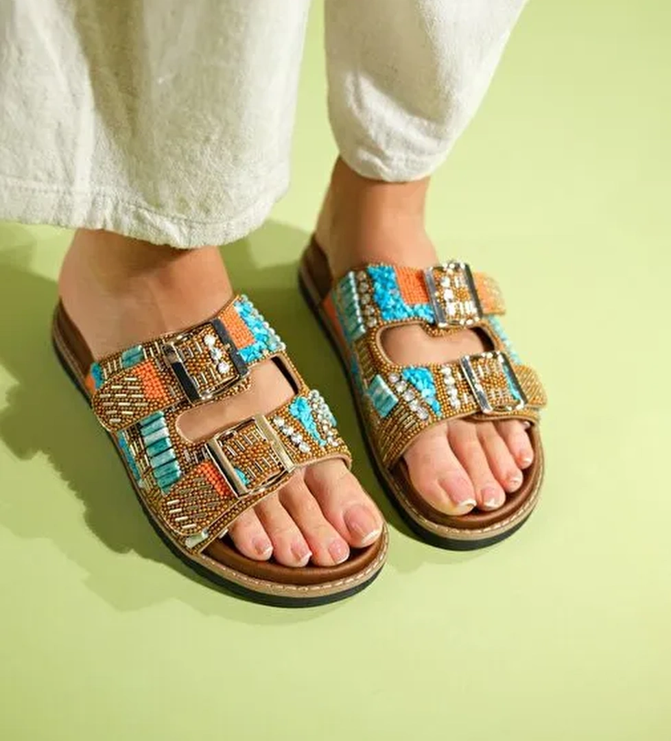 LANSO Taba Taşlı Çift Bantlı Kadın Terlik - Görsel 1