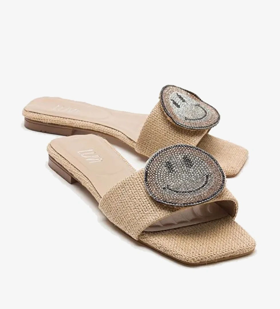 YAVN Bej Hasır Taşlı Kadın Terlik - Görsel 1