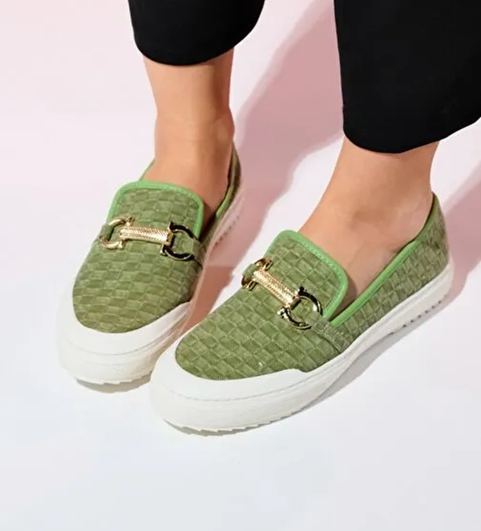 MARAKEŞ Yeşil Kot Tokalı Kadın Loafer Ayakkabı - Görsel 1