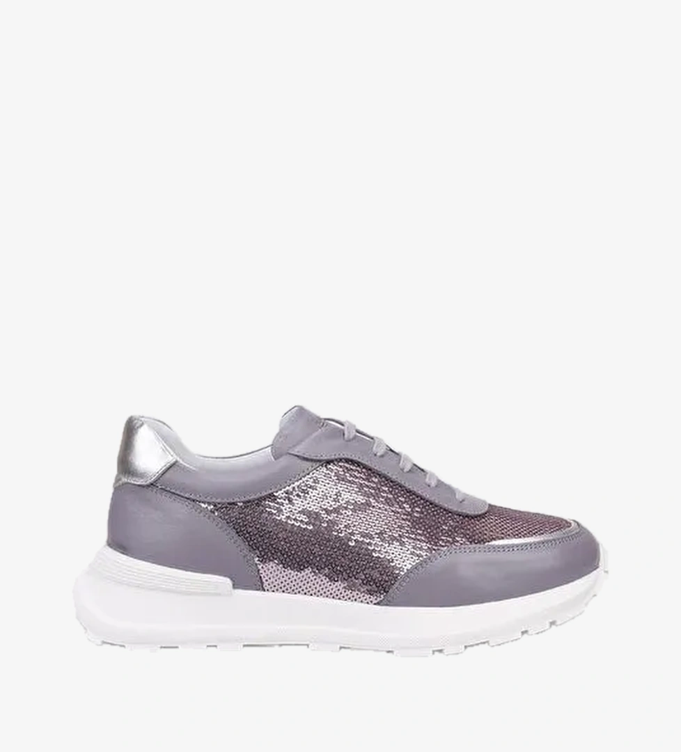 %100 Hakiki Deri Gri Bağcıklı Pul Detaylı Kadın Spor Ayakkabı - Görsel 1