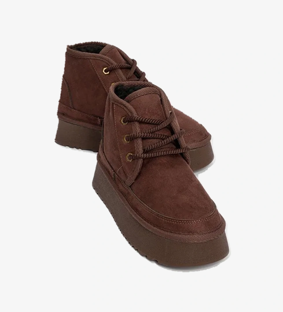 OVELA Kahve Süet Kalın Taban Bağcıklı Kadın Spor Bot - Görsel 1