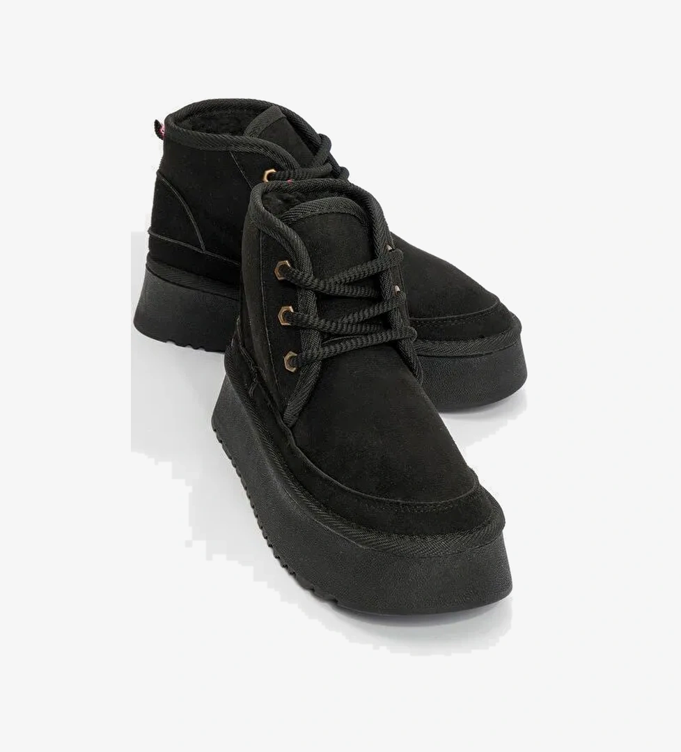 OVELA Siyah Kalın Taban Bağcıklı Kadın Spor Bot - Görsel 1