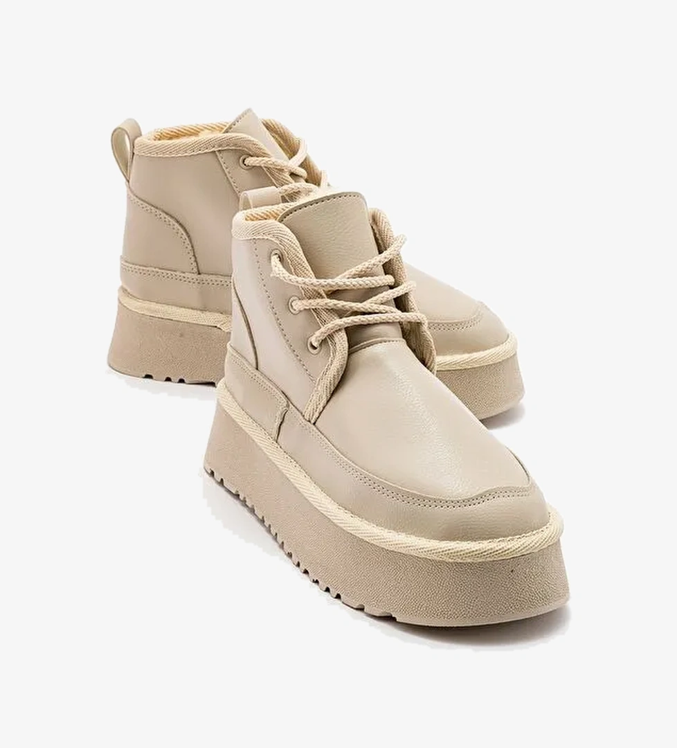 OVELA Bej Cilt Kalın Taban Bağcıklı Kadın Spor Bot - Görsel 1