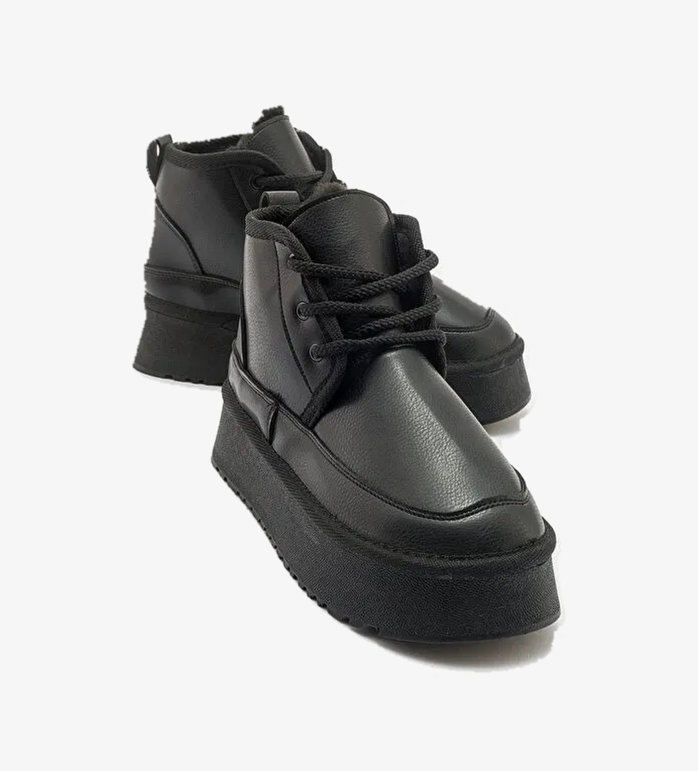 OVELA Siyah Cilt Kalın Taban Bağcıklı Kadın Spor Bot - Görsel 1