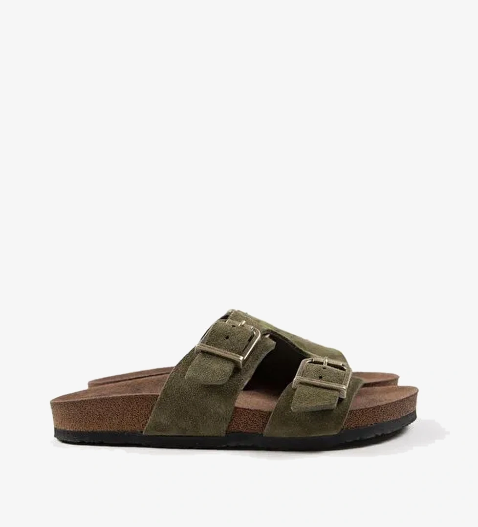 Krahe Jose Erkek Hakiki Deri Çift Tokalı Haki Terlik - Görsel 1