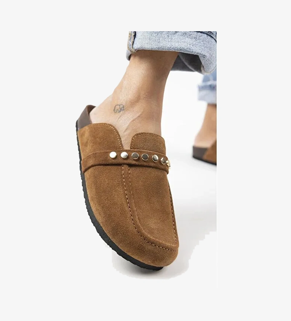 Manijero Bonita 2 Kadın Hakiki Deri Troklu Sabo Taba Terlik - Görsel 1