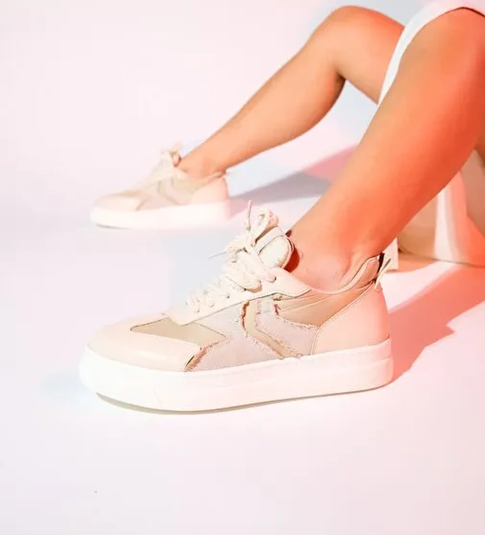 SANDE Bej Denim Detaylı Kadın Spor Sneakers - Görsel 1