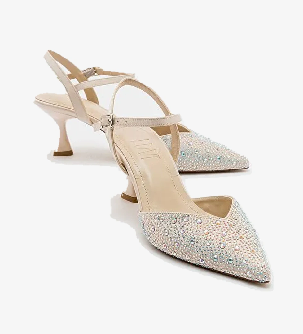 VİLKA Ekru Saten Taşlı Kadın Sivri Burun İnce Topuklu Abiye Ayakkabı - Görsel 1