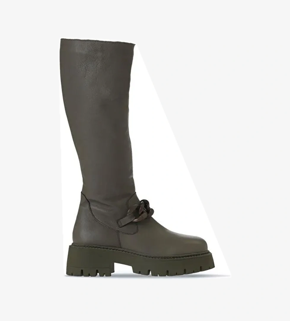 Bueno Shoes Haki Deri Kadın Düz Çizme 01wv3119 - Görsel 1