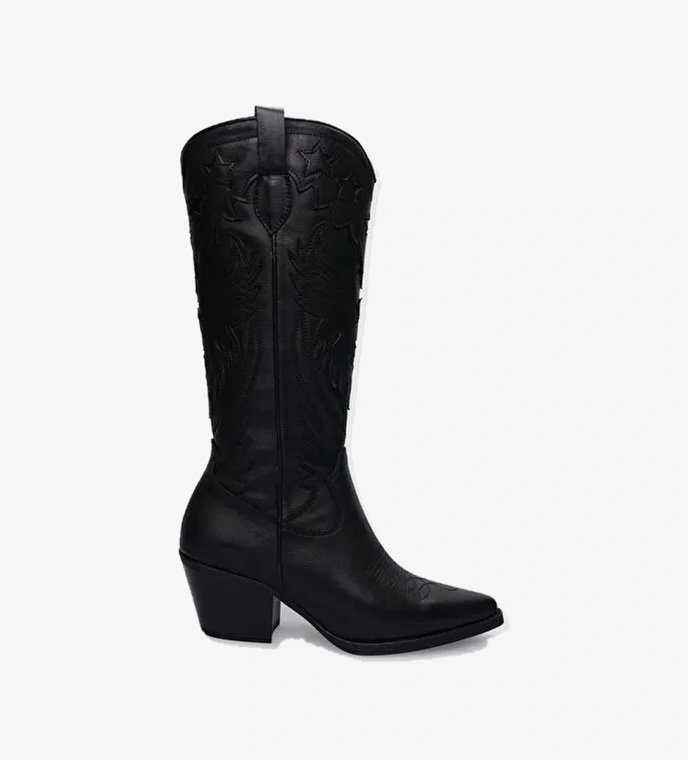 %100 Hakiki Deri Siyah Fermuarlı Kadın Kovboy Çizme - Görsel 1