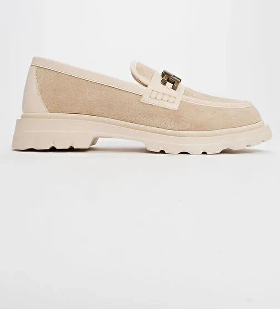 PRAY Bej Süet Tokalı Kadın Loafer Ayakkabı - Görsel 1